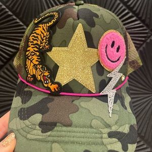 Custom trucker hat, camo tiger, happy face star
